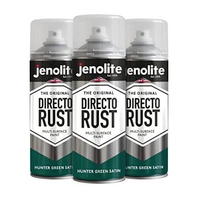 Image of JENOLITE Directorust Spray Paint Satin Finish HUNTER GREEN 3 x 400ml Direct To Rust for Metal All In One Multi Surface Metal, Wood, Plastic, Ceramic RAL 6028
