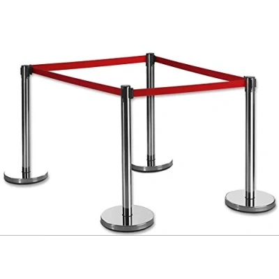 Image of 4X Set of FLEXIBARRIER Belt Stanchion (Silver Finish) with 2m Retractable Ecoline Red Belt, Barrier Post, Crowd Control Barriers