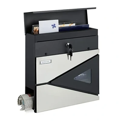 Image of Relaxdays Mailbox with Newspaper Compartment, HxWxD 37 x 11 cm, Secure, Spare Key Included, Steel, Silver/Black, 70% Stainless Steel 30%