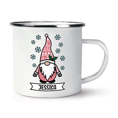 Image of Personalised Gonk Gnome Pink Festive Christmas Enamel Mug Cup