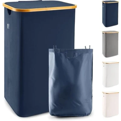 Image of Lonbet Laundry Baskets with Blue XL 100 L Washing for Bags Hamper Basket Bedrooms Bamboo Dirty Clothes Bin