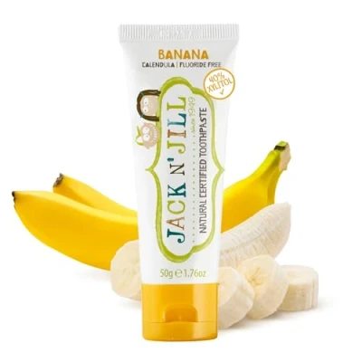Image of Jack N&#039; Jill Natural Certified Toothpaste Baby &amp; Toddler Toothpaste, Fluoride Free, 40% Xylitol, Sugar Safe for 6 Months and Up, Makes Tooth Brushing Fun, Organic Banana Flavour, 1 x 50g