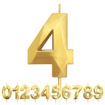 Image of 4th Birthday Candles, Number 4 Candle, Gold Candles for Cake, Diamond 3D Happy Cake Candle Decorations Party Wedding Anniversary Celebration Supplies