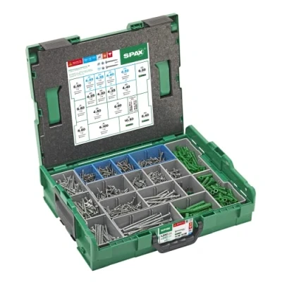 Image of SPAX L BOXX Large Electrician Set Including 1,200 Button Head Screws in 14 Dimensions, 250 Matching Dowels and 6 T Star Plus Bits