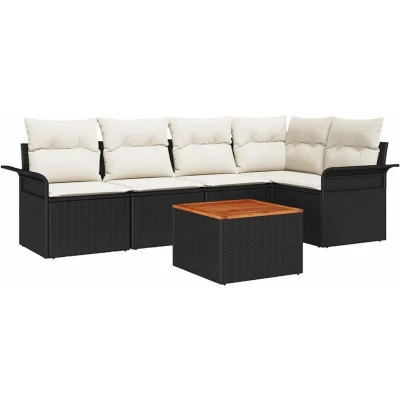 Image of vidaXL 6 Piece Garden Sofa Set with Cushions Black Poly Rattan Acacia