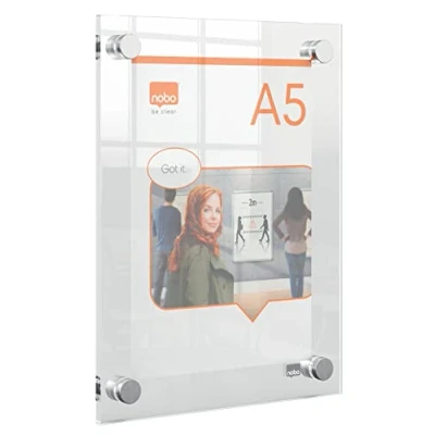 Image of Nobo A5 Acrylic Wall Mounted Poster Frame, Frameless, Through Corner Fixing, Portrait/Landscape, Premium Plus, Clear, 1915592