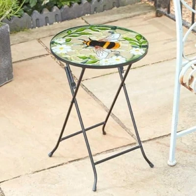 Image of Marco Paul Glass Garden Side Table with Decorative Bee Top Heavy Duty Metal Frame Outdoor Tables for Garden, Patio, drinks table, Folding Bistro (Bee)