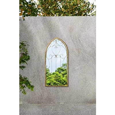 Image of MirrorOutlet Large Metal Rustic Arched Shaped Window Garden Outdoor Mirror Gate 100cmX50cm, Champagne Silver,GM076