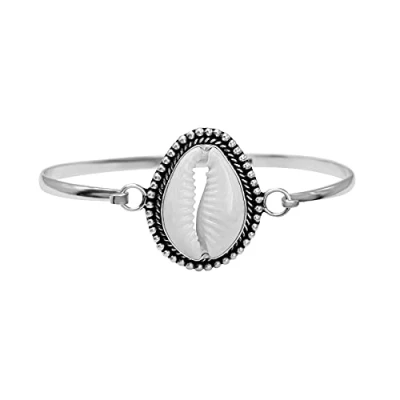 Image of Sterling Silver Bali Cowrie Shell Bangle Dotwork Beach Jewellery