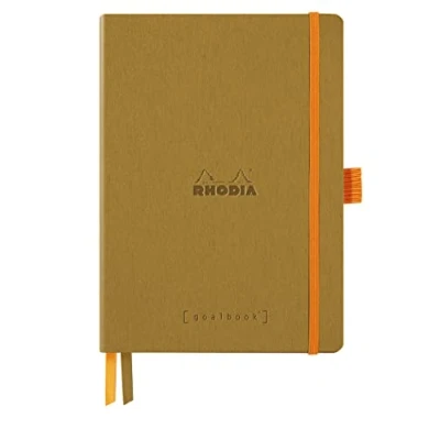 Image of RHODIA 117811C Soft Notebook Bullet Journal Goalbook Gold A5 Dotted Dot 240 pages 90g Ivory Clairefontaine Paper 2 Ribbons, Elastic Closure Faux Leather Cover