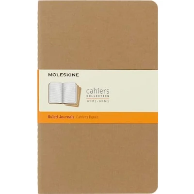 Image of Moleskine Cahier Journal, Set 3 Notebooks with Ruled Pages, Cardboard Cover Visible Cotton Stiching, Colour Kraft Brown, Large 13 x 21 cm, 80 Pages