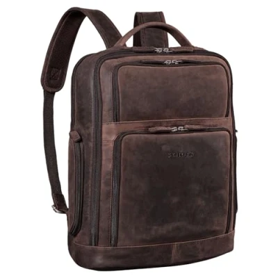 Image of STILORD &#039;Jayden&#039; Business Backpack Men Leather Large Vintage with Laptop Compartment 15 inch DIN A4 Daypack Genuine Leather, Colour:Zamora Brown