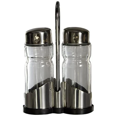 Image of Ibili Clasica Salt and Pepper Shaker Set with Holder, Stainless Steel, Silver/Transparent, 27 x 12 6 cm