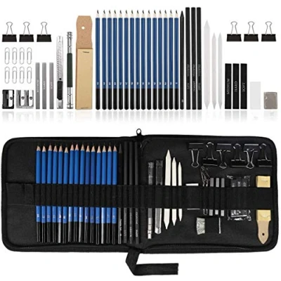 Image of Ulifeme Sketch Drawing Pencil Set, 50pcs Sketching Pencils Art Supplies Kit, Charcoal Pencils, Graphite Eraser, Tools for Artist, Beginners, Children &amp; Adults, Black Canvas Bag Packed