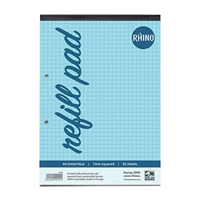 Image of RHINO A4 Refill Pad, Writing 100 Page / 7mm Squared, 1 Pack, Blue Squared Paper for Dyslexia &amp; SEN, Office School Stationery Supplies