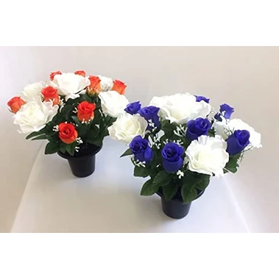 Image of ROSE/ ROSEBUD Artificial Flower Arrangement in Pots (Pair) 30cm Orange &amp; Blue Rose Grave Pot with Heads Vase Insert Memorial