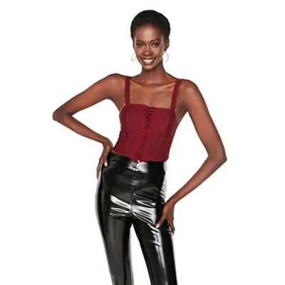 Image of Trendyol Women&#039;s Woman Fitted Standard Square Collar Woven Blouse Shirt, Burgundy, 36 UK