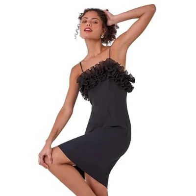 Image of Roman Originals Frill Detail Stretch Dress for Women UK Ladies Everyday Holiday Spring Summer Square Neckline Comfy Soft Evening Vacation Work Party Black Size 8