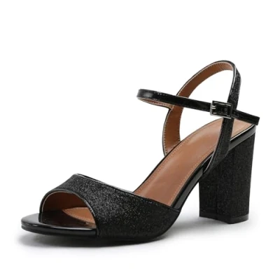 Image of Fashion Thirsty Womens Block Heels Glitter Sandals Ankle Strap Ladies Sparkly Wedding Bridal Prom Graduation Heel Shoes Evening Party Occasion Comfy Heeled Open Toe Strappy Dress Wide Fit