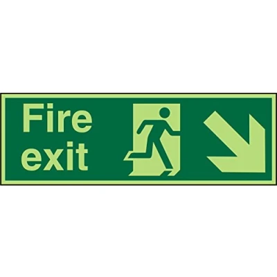 Image of Seco Fire Exit Exit, Man Running Right, Arrow Pointing Down &amp; Right Sign, 450mm x 150mm Photoluminescent 1mm Semi Rigid Plastic