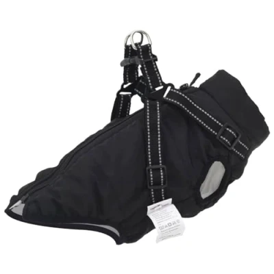 Image of vidaXL Dog Coat with Harness Waterproof Reflective Winter Jacket Black XL Polyester Fleece Lined Adjustable Straps and Zipper Design