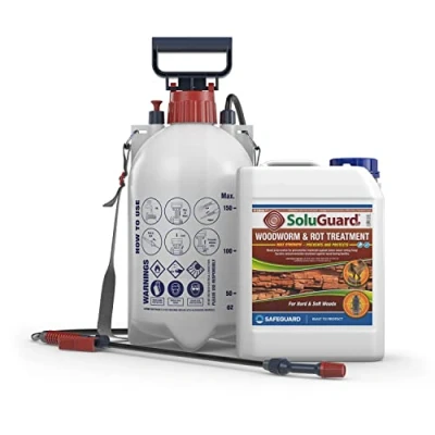 Image of Soluguard Woodworm and Rot Treatment (1x5L Clear &amp; Sprayer) Ready for Use Pump Action Pressure Sprayer. Solvent free Preservative Killer. HSE approved