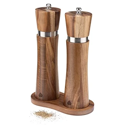 Image of Navaris Salt and Pepper Grinder Set Wooden Grinders with Tray Holder Acacia Wood Mills for Table 21.3 cm (8.4&quot;) Mill Adjustable Ceramic