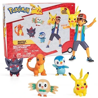 Image of Pokémon Battle Ready! Figure Set, 6 Pieces includes 4.5&quot; Ash &amp; Launching Pikachu, 2&quot; Charmander, 2 Rowlet, Piplup, Zorua Officially Licensed Toy Gift for Kids, Boys Girls Ages 4+