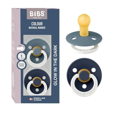 Image of BIBS Colour Night Glow in The Dark Soother 2 Pack, BPA Free Dummy Pacifier, Round Nipple. Natural Rubber Latex, Made Denmark, Size 1 (0 6 Months), Petrol Glow/Deep Space