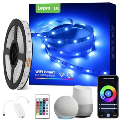 Image of Lepro Alexa Smart LED Strip Light 5M, WiFi RGB Lights for Bedroom, Life App Control, Works with &amp; Google Assistant, Colour Changing Kitchen Party Christmas