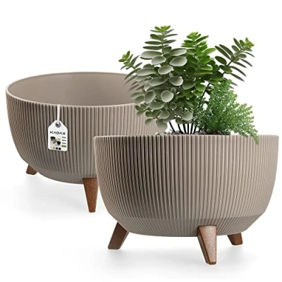 Image of KADAX Elevated Plant Pot, Large Plastic Planter with Legs for Indoor and Outdoor Use, Durable Round Houseplants (⌀ 40 cm, Taupe)