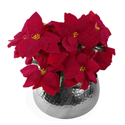 Image of Leaf Artificial Christmas Xmas Red Poinsettia 40cm Houseplant in Pot, Silk, Large Silver Curved Edge