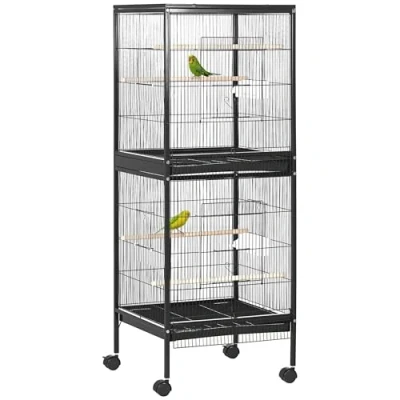 Image of PawHut 2 In 1 Large Bird Cage Aviary with Wheels, Slide out Trays Wood Perches