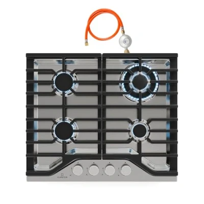 Image of Klarstein Turbocast Gas Hob 4 Burner Stainless Steel Cooktop, 3.4kW Wok Burner, Cast Iron Pan Holders, Electric Ignition, Safety Shut Off, LPG Conversion Kit, 600x85x510mm