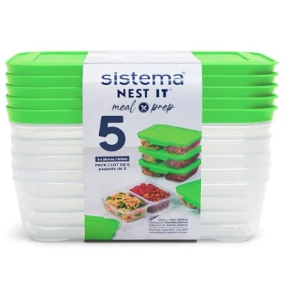 Image of Sistema NEST IT Meal Prep Containers 870 ml Airtight Food Storage with Compartments &amp; Lids School Lunch Boxes BPA Free Green 5 Count