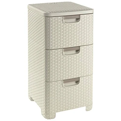 Image of Curver Style Rectangular 3 Drawer Storage Tower, Vintage White, 14 Litre