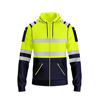 Image of mymixtrendz New Mens Hi Vis Safety Work Zipper Hoodie Sweatshirt High Viz Reflective Tape Multi Zipped Pockets Yellow Orange Visibility Top