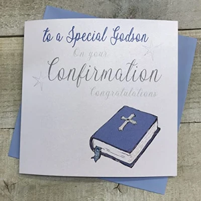 Image of WHITE COTTON CARDS SPECIAL GODSON, ON YOUR CONFIRMATION GREETING CARD, BLUE BIBLE DESIGN. HAND FINISHED (N90 GODS)