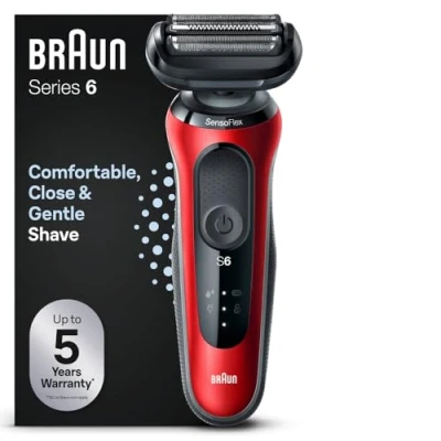 Image of Braun Series 6 Electric Shaver With Travel Case, Compatible EasyClick Attachments, 100% Waterproof, Wet &amp; Dry, UK 2 Pin Plug, 60 R1000s, Red Razor, Rated Which Best Buy
