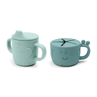 Image of Done by Deer Friends Blue Peekaboo Spout/Snack Cup Set 100% Food Grade Silicone, Shatterproof, Built in Lid and Sturdy Handles, Fun Colorful Design for Little Explorers.