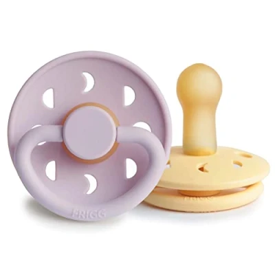 Image of FRIGG Moon Phase Latex Pacifier Pack of 2 Natural Rubber Soother Dummy BPA Free Made in Denmark Symmetrical Cherry Shaped Nipple (Pale Daffodil/Soft Lilac, Size (6 18 Months))
