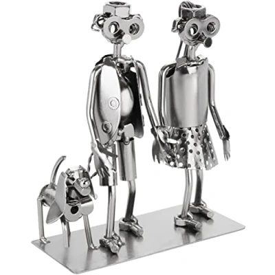 Image of BRUBAKER Screw Figure Lovers Couple with Dog Iron Metal Man Handmade Love Silver Gift for Owner