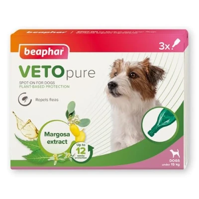 Image of Beaphar VETOpure Flea Spot On for Dogs under 15kg, 3 pipettes Plant Based Protection Repels Fleas up to 4 Weeks Pack Provides 12 Contains Margosa