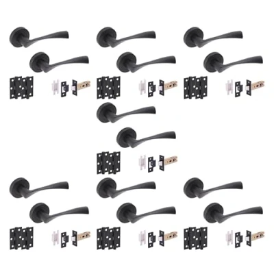 Image of HANDLEZONE® 7 Sets Zena Internal Door Handles on Rose Lever Latch Packs with Ball Bearing Hinges Black Matt