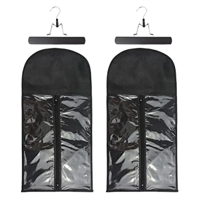 Image of 2 Pcs Wig Hair Extensions Storage Bag with Wooden Hanger Portable Bags Dust proof (Black)