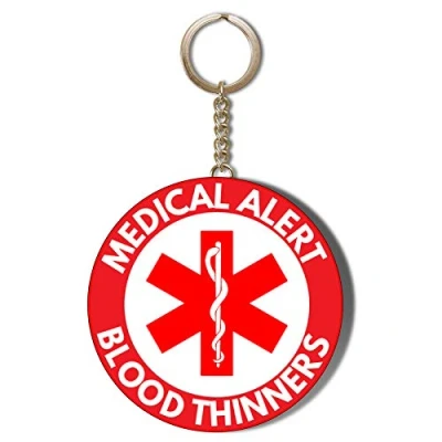Image of Gift Insanity MEDICAL ALERT BLOOD THINNERS RED WHITE BACKGROUND 58mm CHAIN KEYRING BOTTLE OPENER