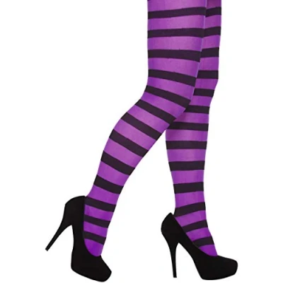 Image of Smiffys Opaque Tights, Purple &amp; Black Striped, Fever Hosiery Fancy Dress, Dress Up Accessories