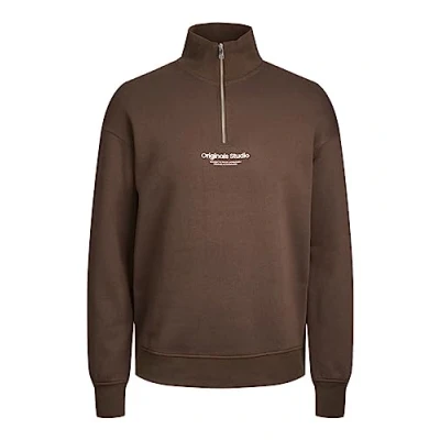Image of JACK &amp; JONES Men&#039;s Jorvesterbro Sweat Quarter Zip Hn Sn Sweater, Chocolate Brown, M