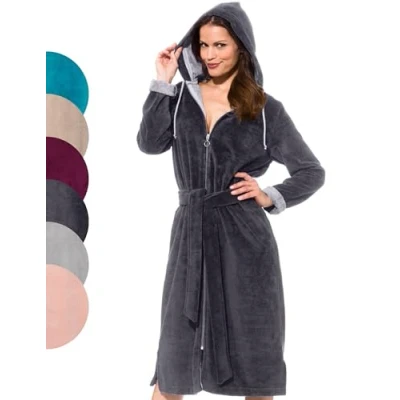 Image of Morgenstern Women&#039;s Bathrobe with Zip Hood Terry Towelling Velour, Grey, S