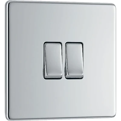 Image of BG Electrical Double Wall Light Switch, 2 Way, Screwless Front Plate, Slim Profile, Premium Flatplate, Polished Chrome, 20A, 16AX, FPC42